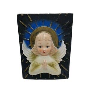 Vintage Praying Angel Planter 3D Wall Pocket Christmas Midnight Blue Ceramic